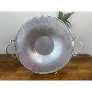 Vintage Hammered Aluminum Serving Tray Bowl Fruit Motif Handles MCM Farmhouse